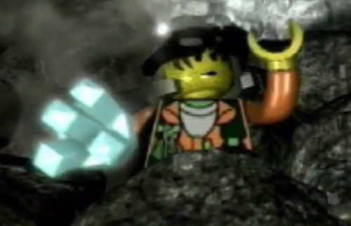Cutscene render of Sparks holding up a blue energy crystal after pulling it from a pile of rubble.